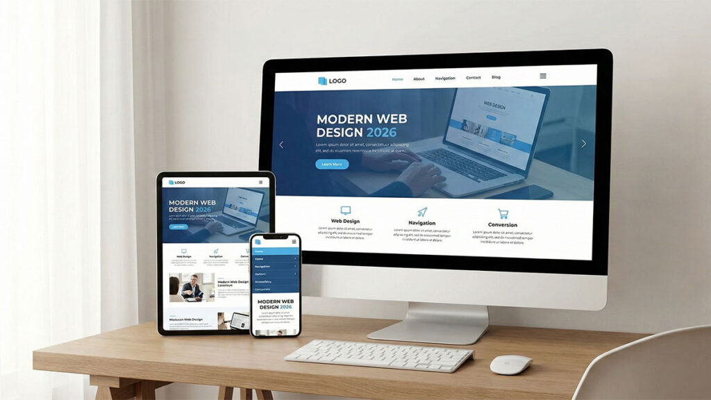 Multiple devices on a desk showing modern website design in Ocala