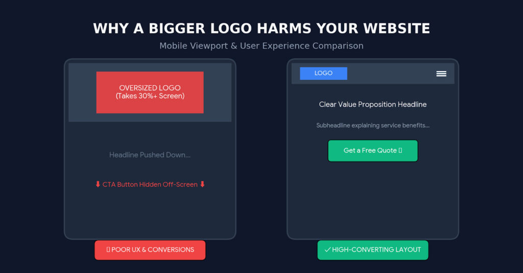 Comparison of a mobile website viewport showing how an oversized logo pushes headlines and CTA buttons off screen compared to a responsive header