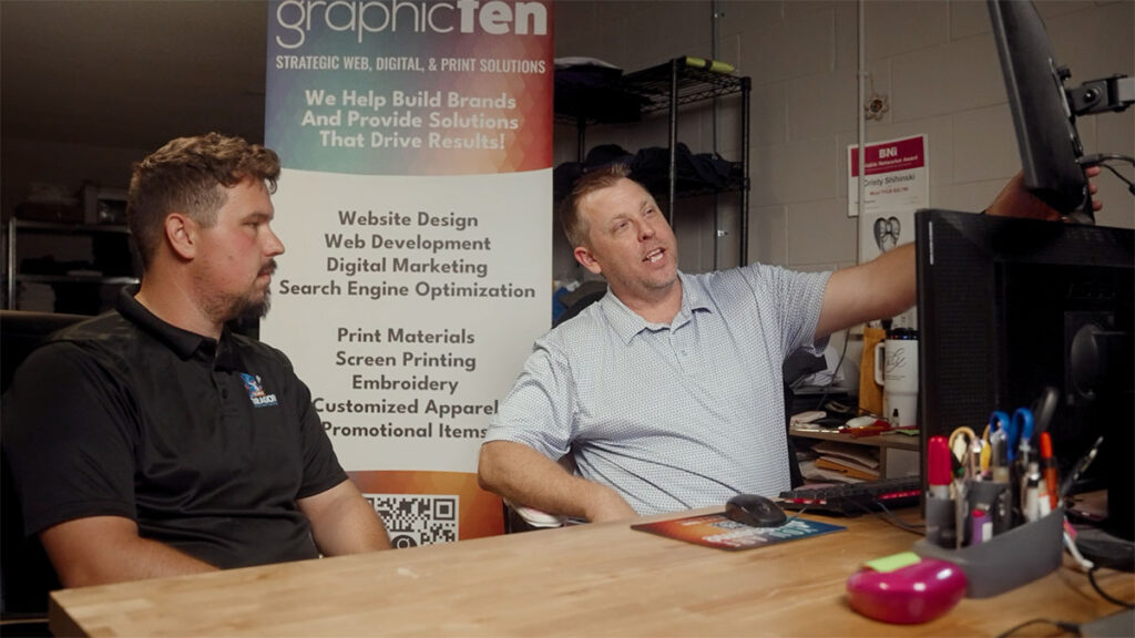 Michael Shihinski and Jonathan Nesmith discussing the new Lint Dragon website strategy