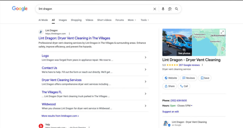 Google Business Profile for an Ocala small business shown on desktop search results