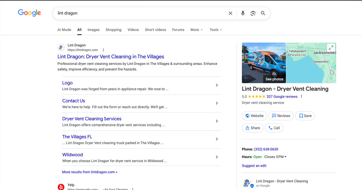 Google Business Profile for an Ocala small business shown on desktop search results