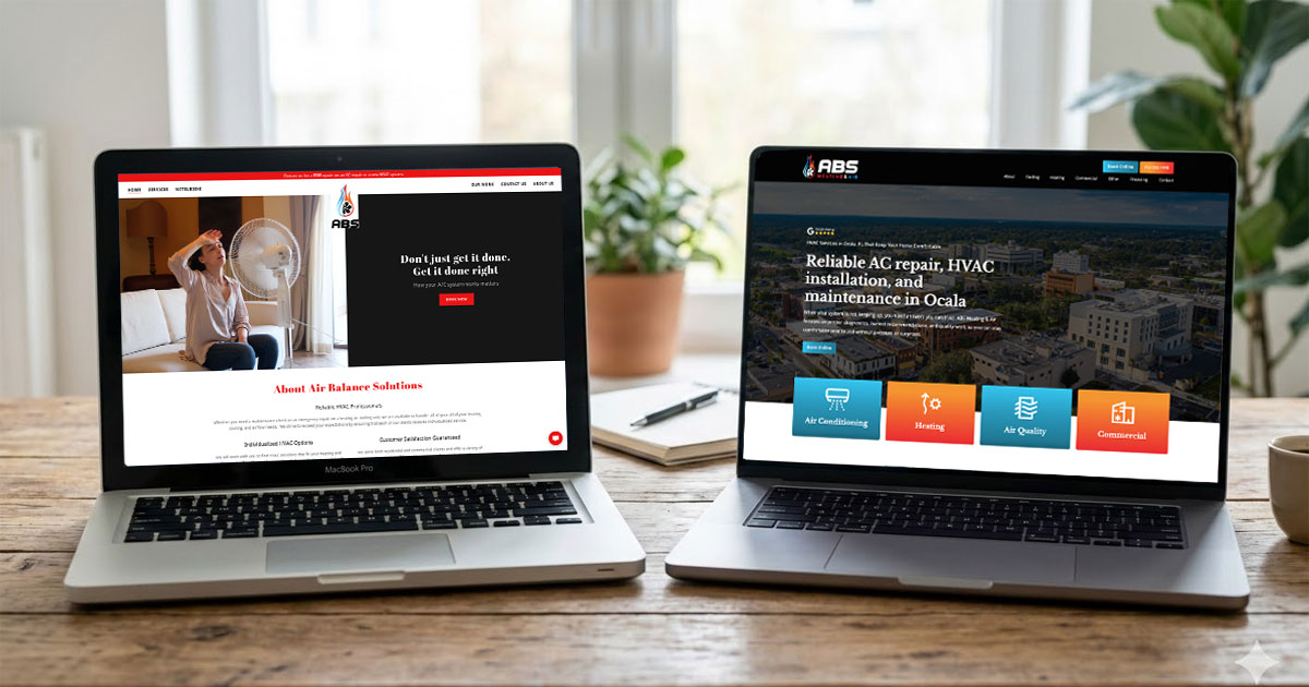 Outdated small business website compared to modern redesign for Ocala businesses by Graphicten