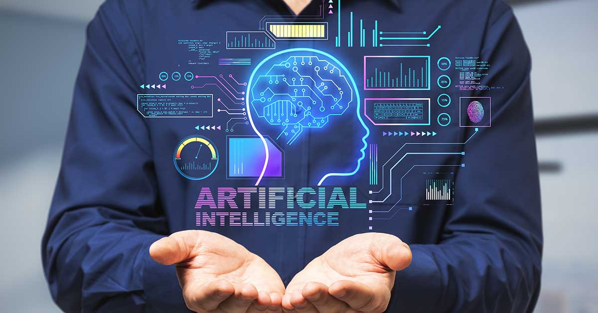 An adult holds outstretched hands as if presenting a holographic image, surrounded by glowing lines, graphs, a digital fingerprint, and text that reads Artificial Intelligence