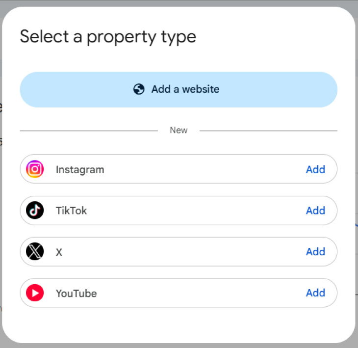Google Search Console interface for adding social media accounts as properties