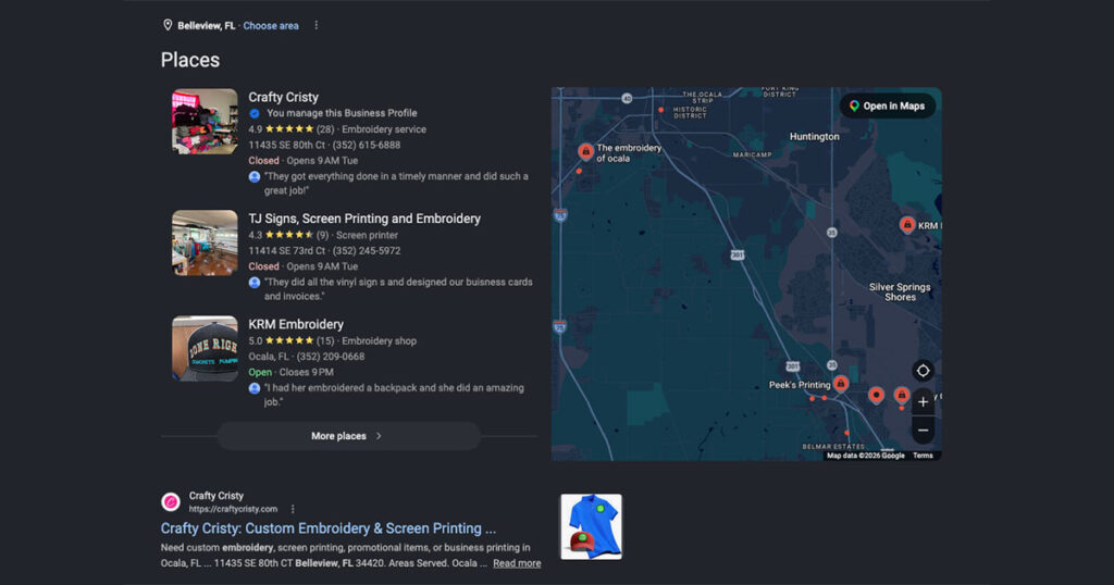 local SEO results showing map pack rankings for businesses in Ocala